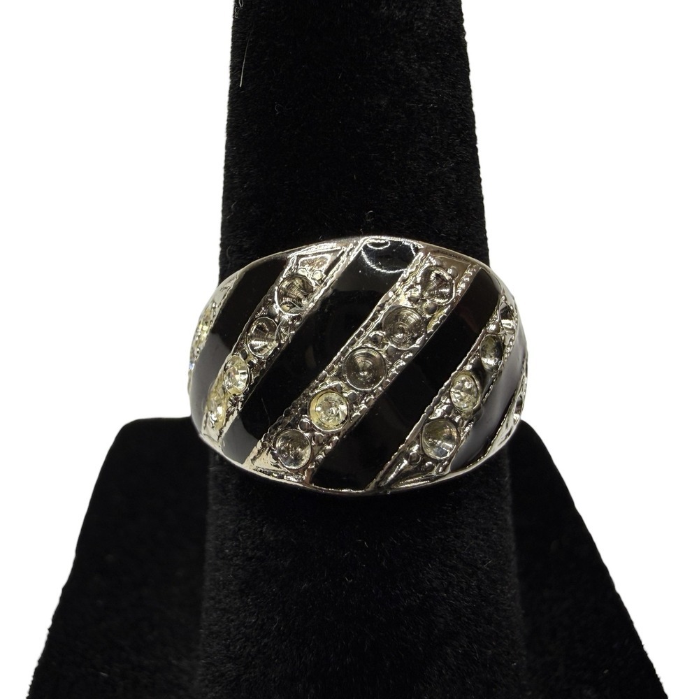 ESPO 14KT GE Silver Tone Black Enamel Striped Ring Clear Rhinestones Sz 5